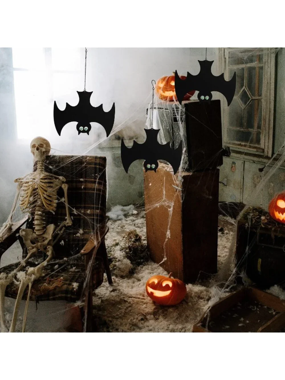 3PCS Metal Bats Hanging Decor Halloween Glowing Eyes Waterproof Patio Balcony